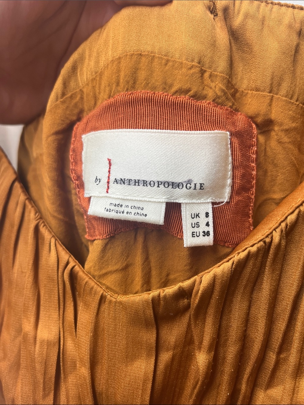 Anthropologie Gold Rust Ruched Tiered Satin Slip Milkmaid Cottage Dress- 4 - Picture 6 of 7